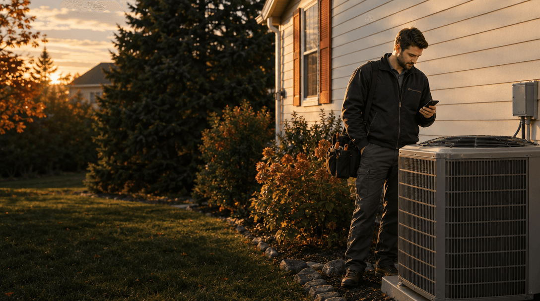 An HVAC technician checks a phone beside an outdoor heat pump.